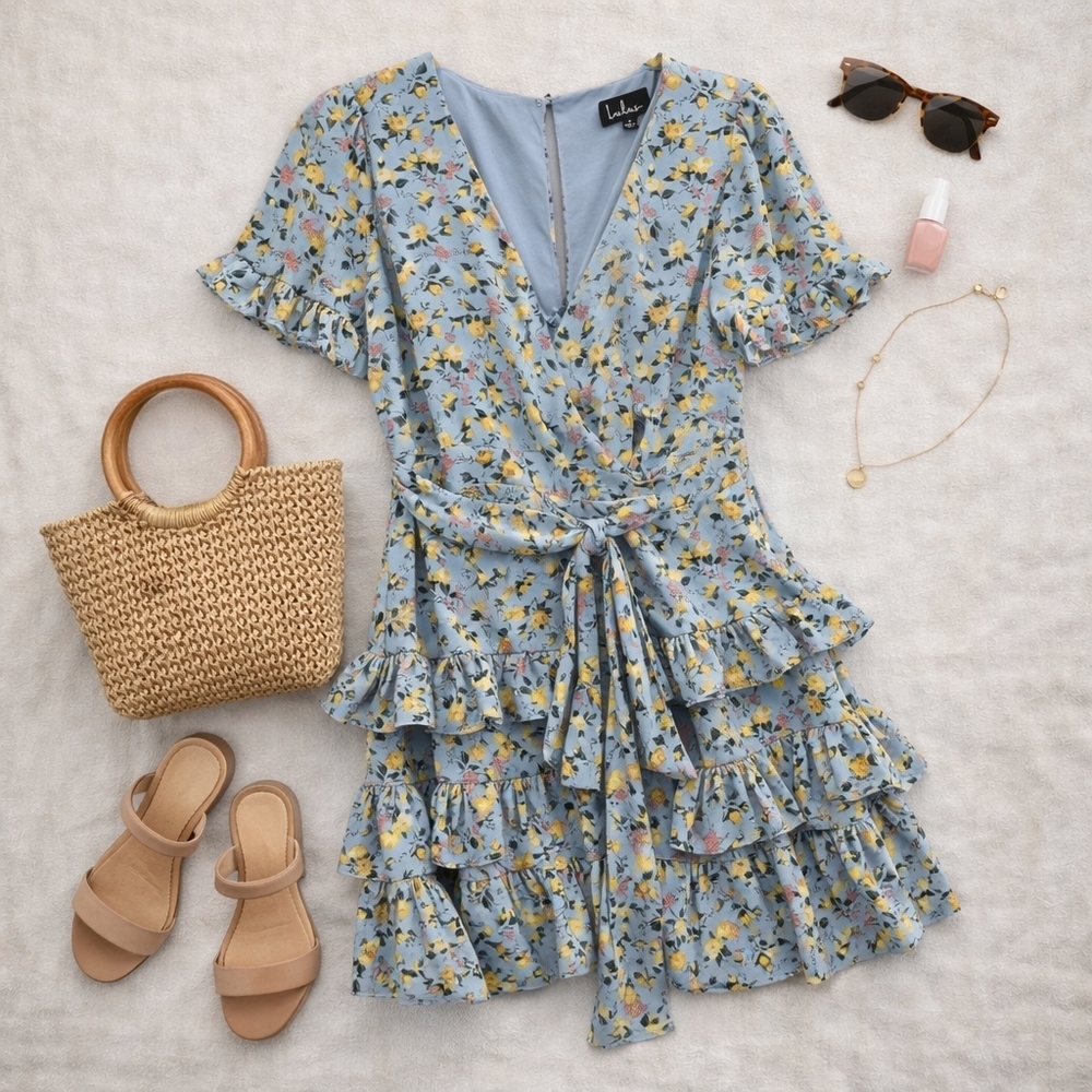 Lulus Shirt Tiered Ruffled Blue/yellow Floral Dress. NWOTLadies Size Small